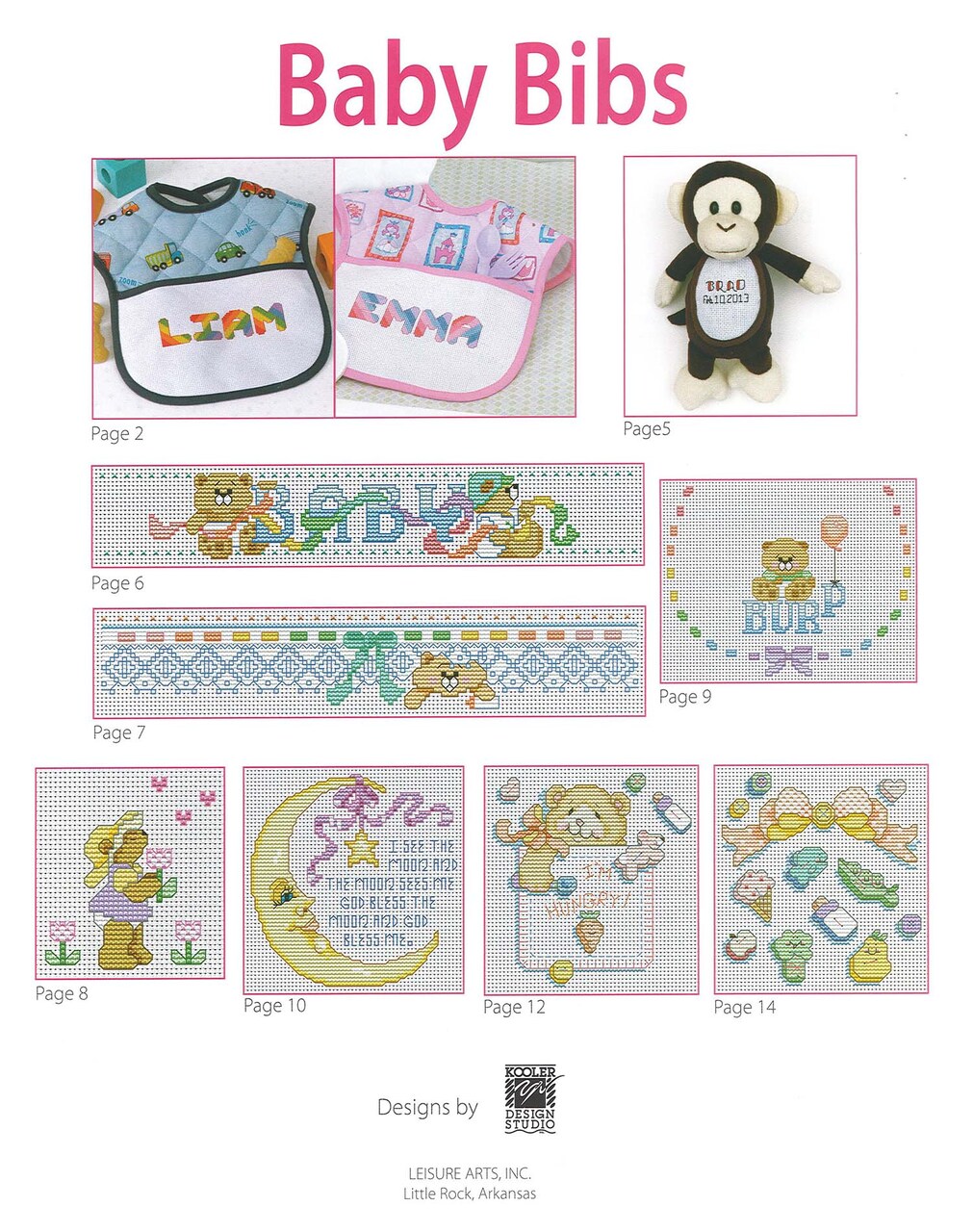 Leisure Arts Baby Bibs Cross Stitch Book, Counted Cross Stitch Baby Patterns, Monogram and Teddy Bear Designs for Bibs, 14 Count Fabric, 16 Pages Softcover